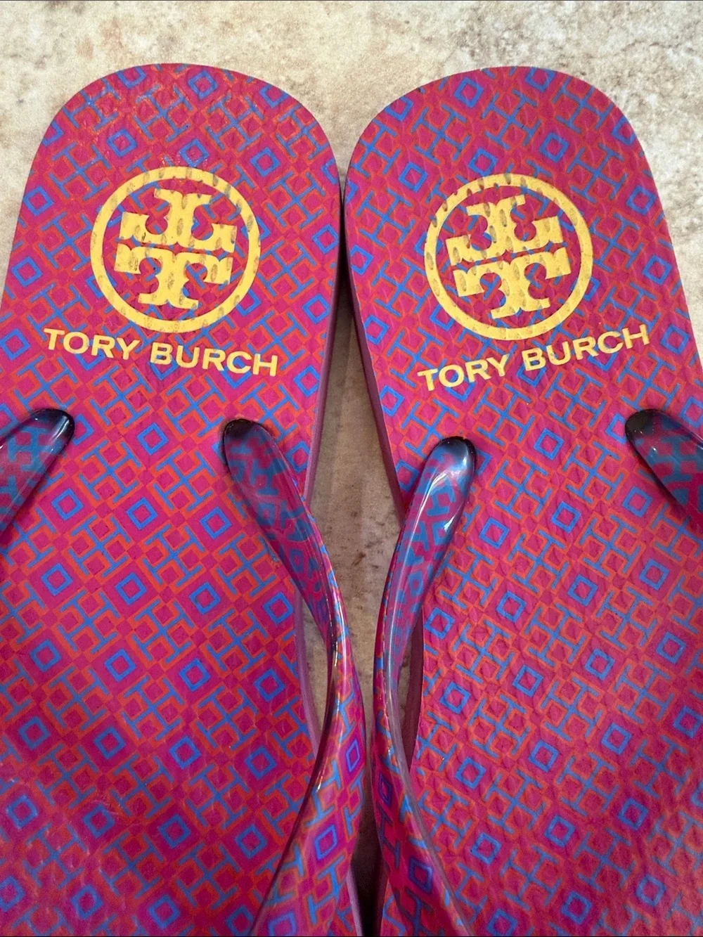 Big girls size 4 - Tory Burch Pink and Blue Patterned Logo Flip Flop Sandals